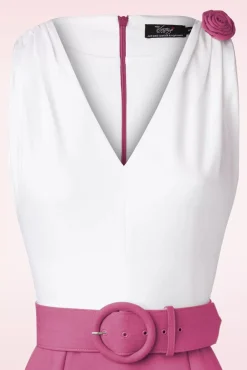 Online Vintage Diva The Kellie Pencil Jurk In Gebroken Wit En Donker Magentaroze