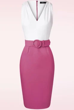 Online Vintage Diva The Kellie Pencil Jurk In Gebroken Wit En Donker Magentaroze
