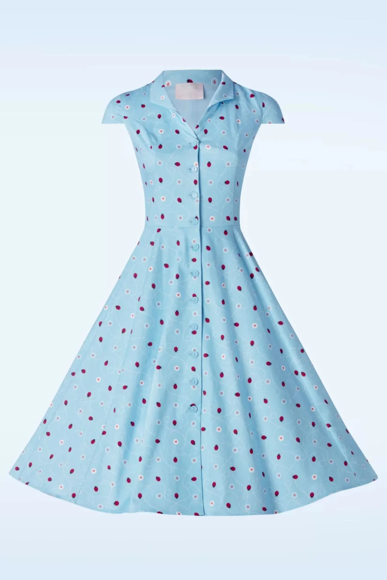 Discount Topvintage Boutique Collection Topvintage Exclusive ~ Angie Swing Jurk In Licht Blauw Met Lieveheersbeestjes Print
